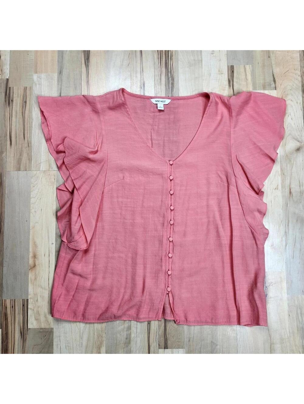Nine West Coral Pink Flutter Sleeve Button-Front Blouse Large